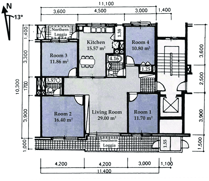 Typical floor plan of an apartment unit and rooms net