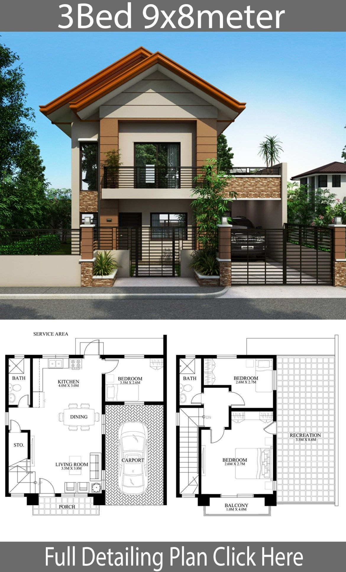 Home design plan 9x8m with 3 bedrooms casaspequeñas