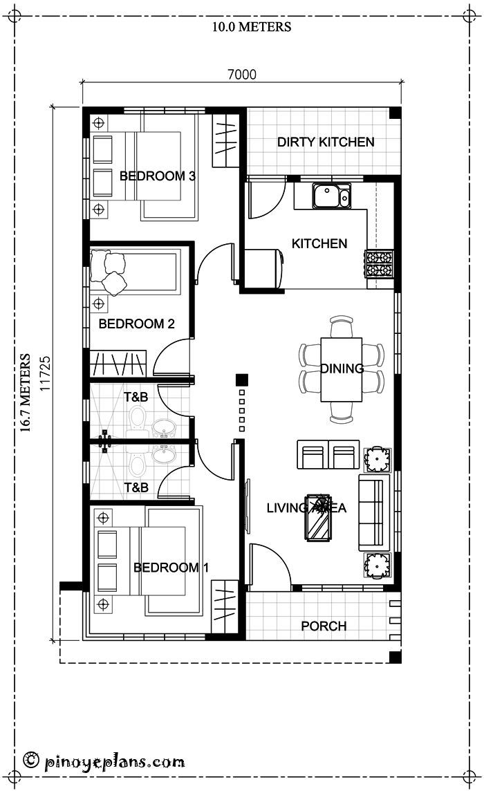 This 3 bedroom house design has a total floor area of 82