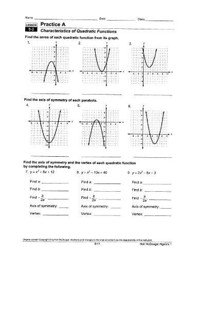 Algebra 1 8.2 Worksheet Characteristics Of Quadratic