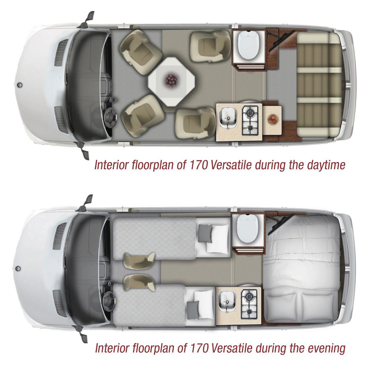 Floor plan for roadtrek 170 Versatile Van camping, Truck