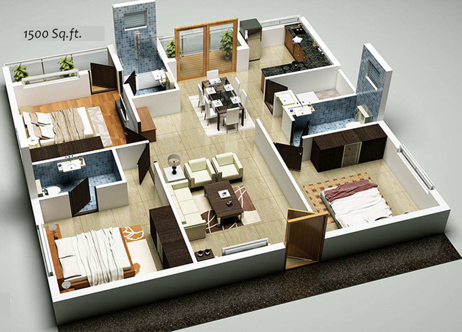 3bhk Floor Plan In 1500 Sq Ft 3d house plans, House