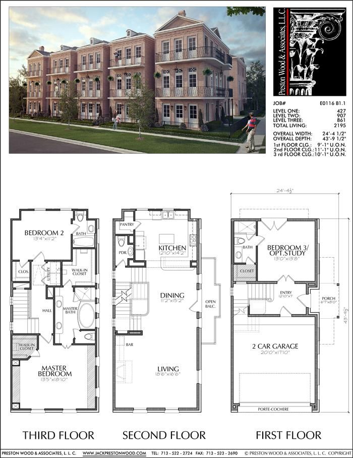 Three Story Townhouse Plan E0116 B1.1 in 2020 Town house