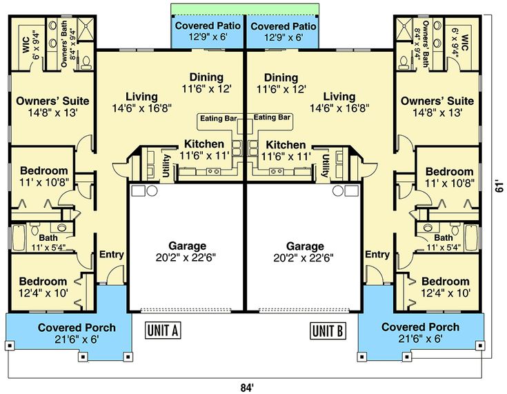 Plan 72965DA Duplex Ranch Home Plan with Matching 3Bed