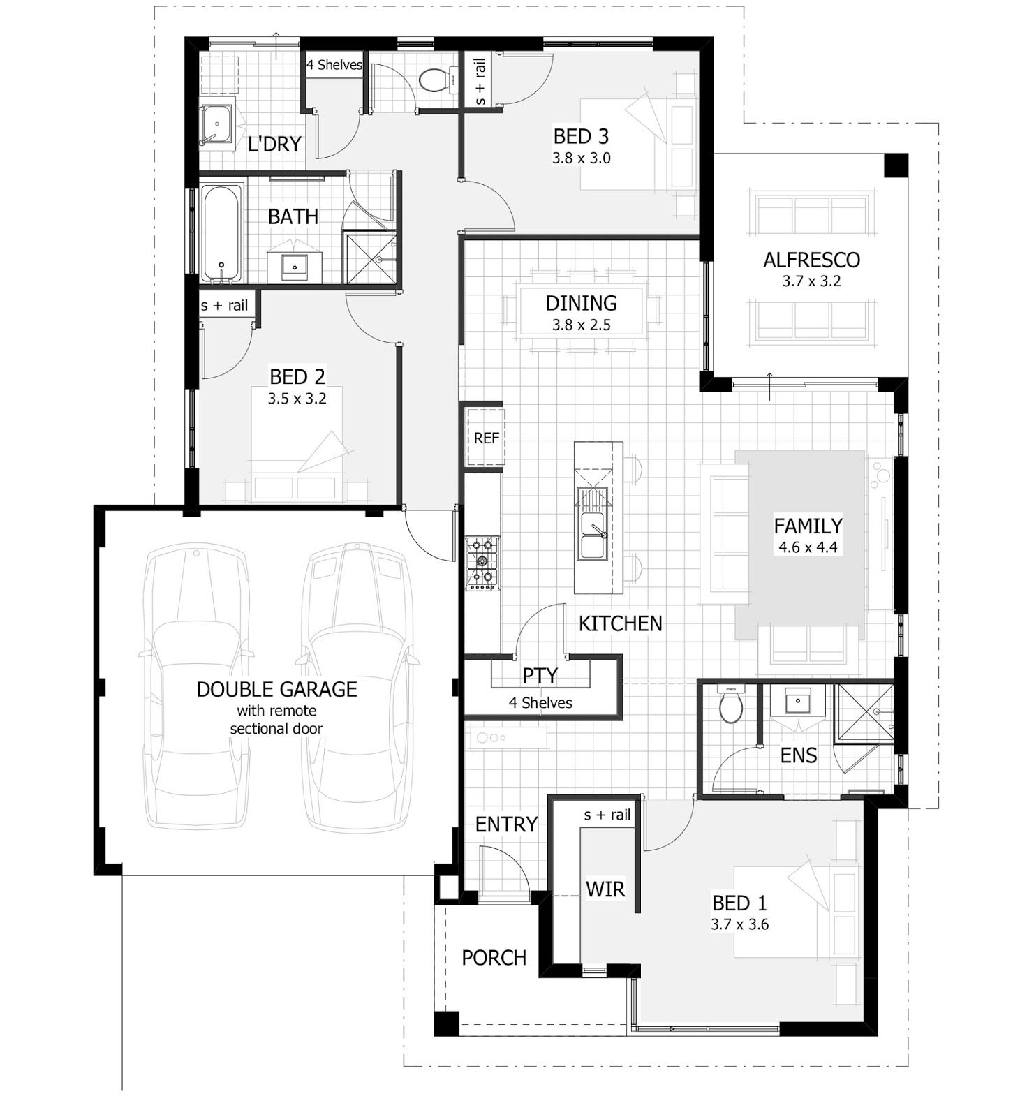 One story 3 Bedrooms and 2 Baths ground floor plan in 2020