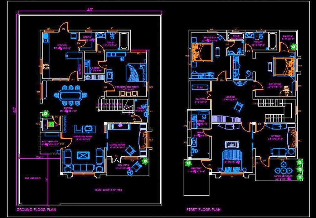 Duplex House (45'x60' ) Autocad House Plan Drawing Free