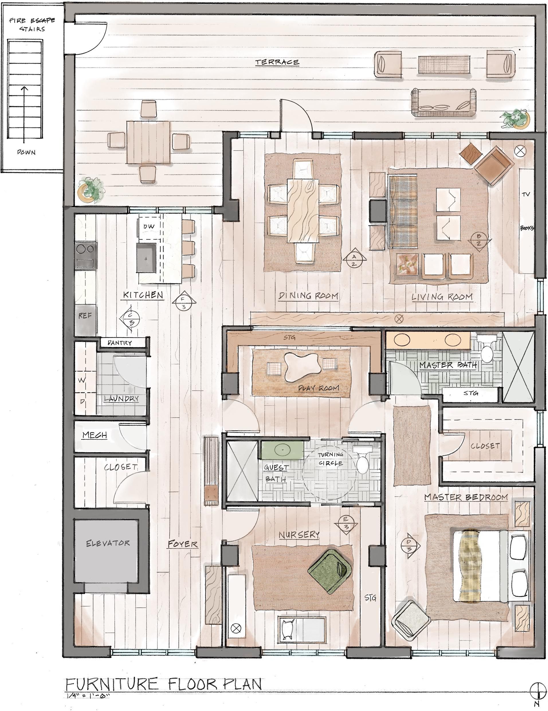 Furniture floor plan hand draft and render https//i.redd