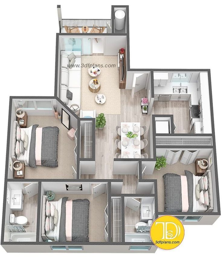 3D floor plan 3 bedrooms in Florida apartmentfloorplans