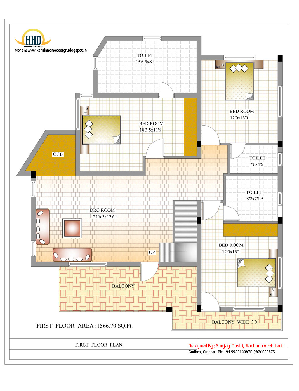 3 Story House Plan and Elevation 3521 Sq. Ft. Kerala