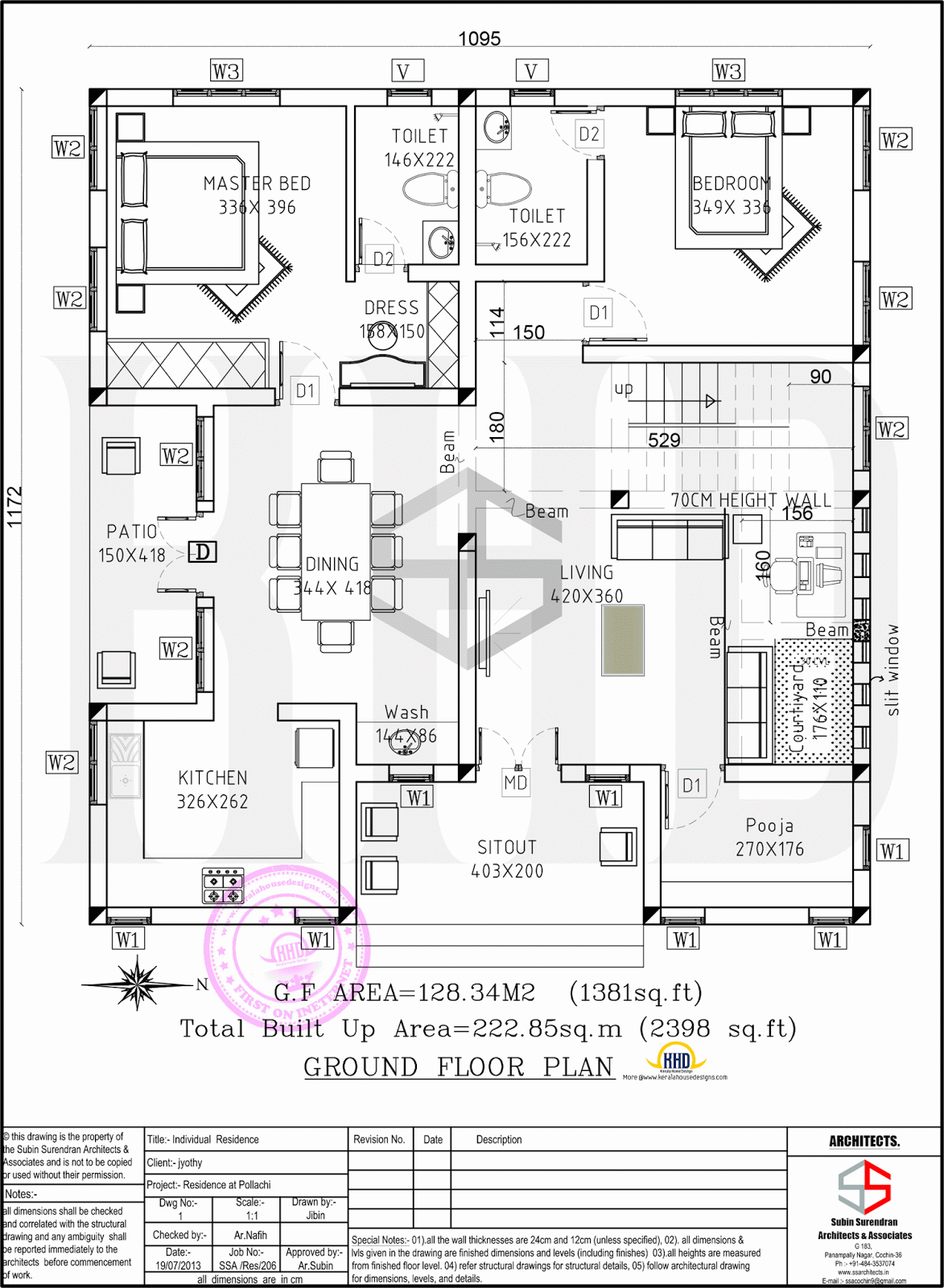 Floor plan and elevation of 2398 sqft contemporary villa