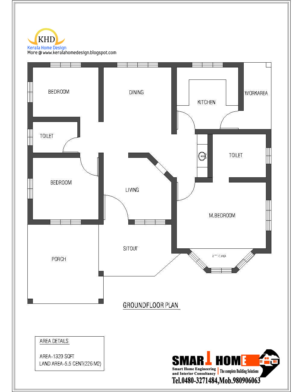Single Floor House Plan and Elevation 1320 Sq. Ft