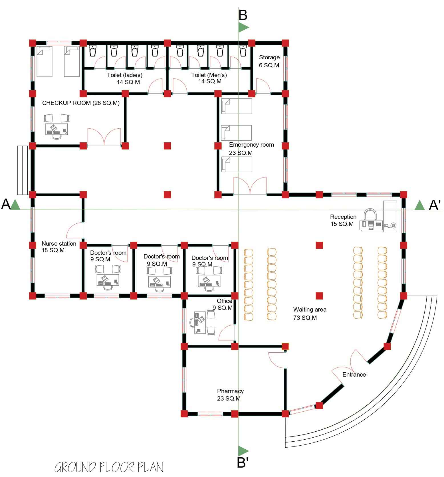 Health center floor plans, elevations, and section details