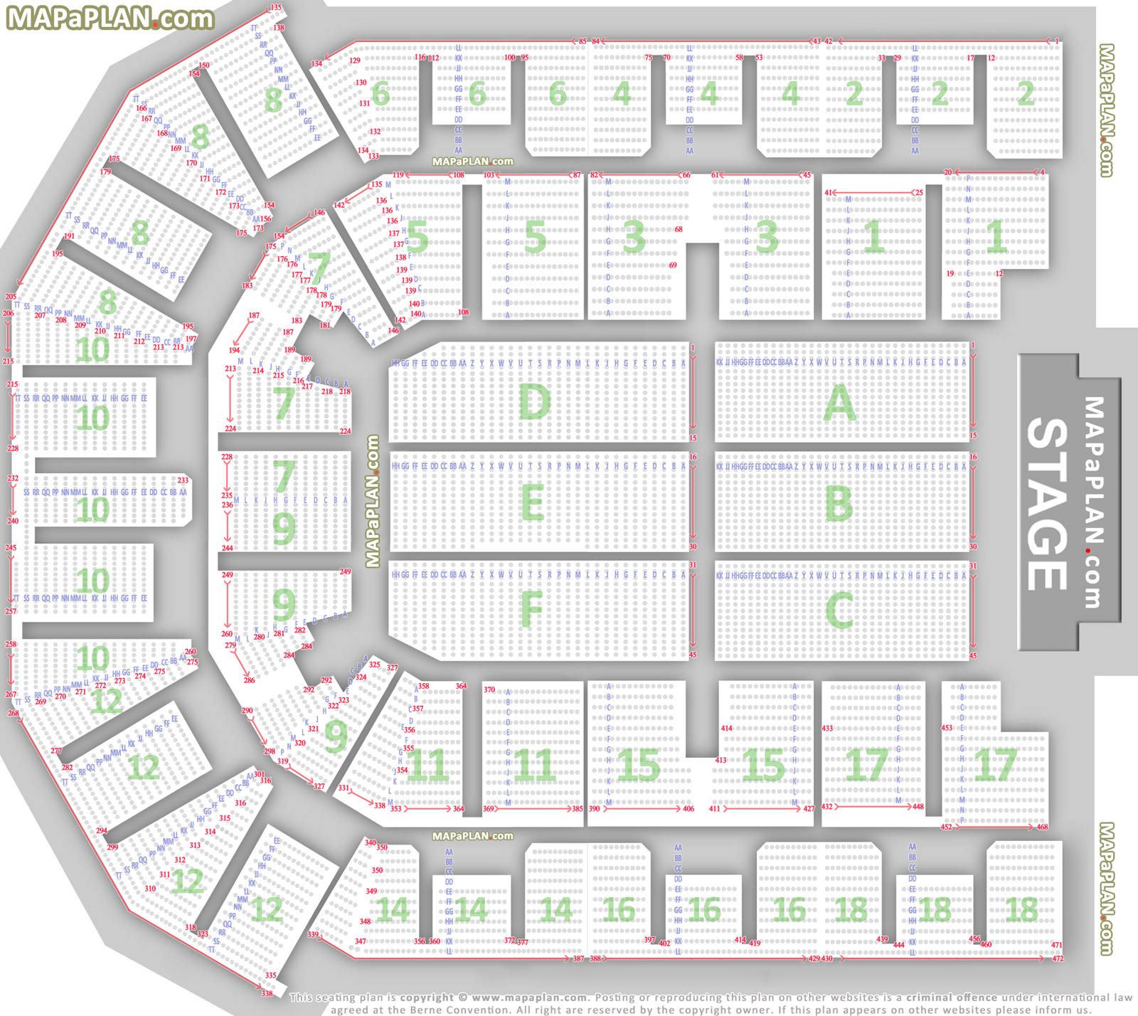 Liverpool Echo Arena Detailed seat numbers chart showing