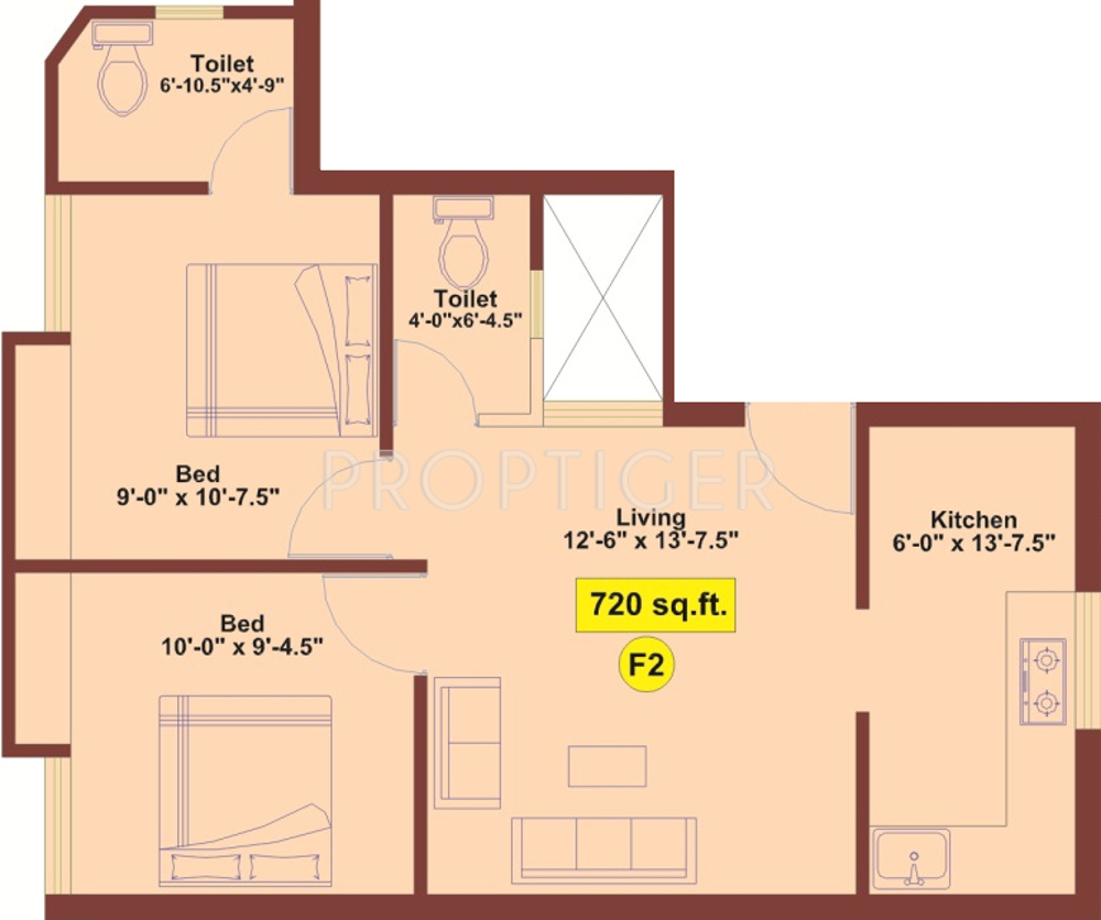 720 sq ft 2 BHK 2T Apartment for Sale in Meridian Builders