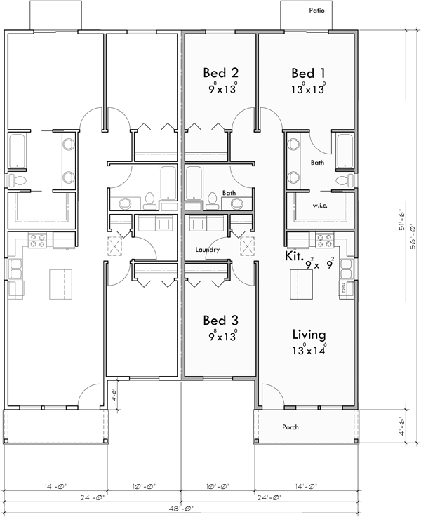 Narrow Ranch Duplex House Plan, 3bd 2 Bath, D700