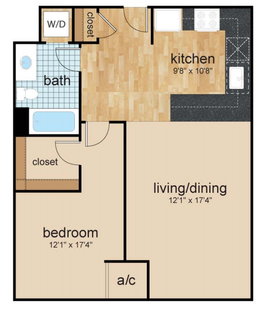 One bedroom apartment floor plan at wilmington, de