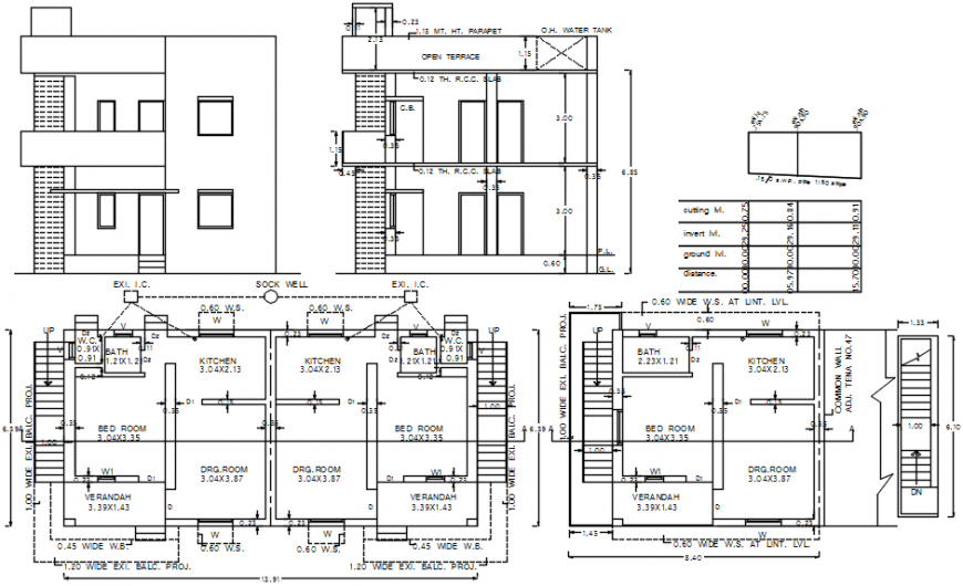 Simple house elevation, section and floor plan cad drawing