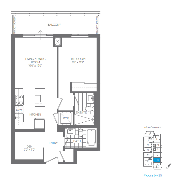 The Middlebury C One Bedroom + Den, Floor Plan Erin Mills