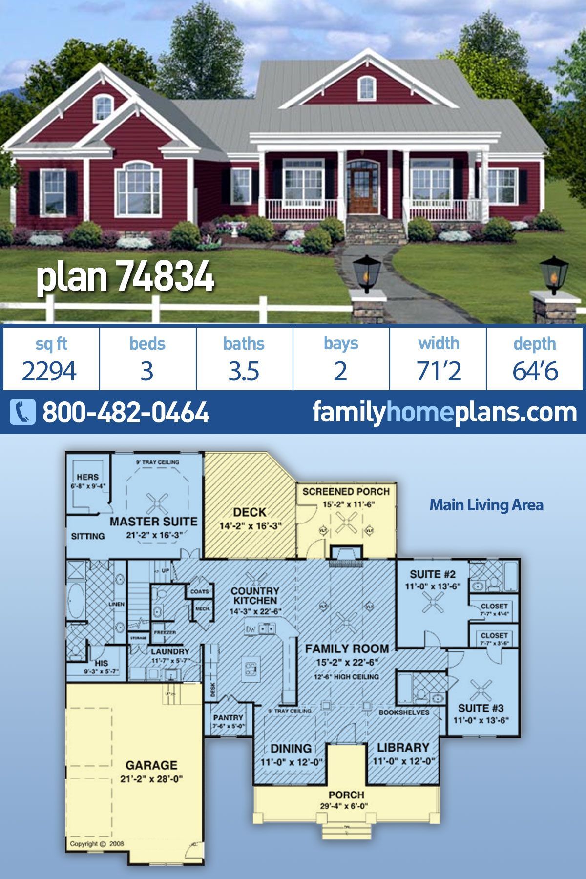 Plan 74834 Country Home Plan, 2294 sq. ft., 3 Bedrooms, 3