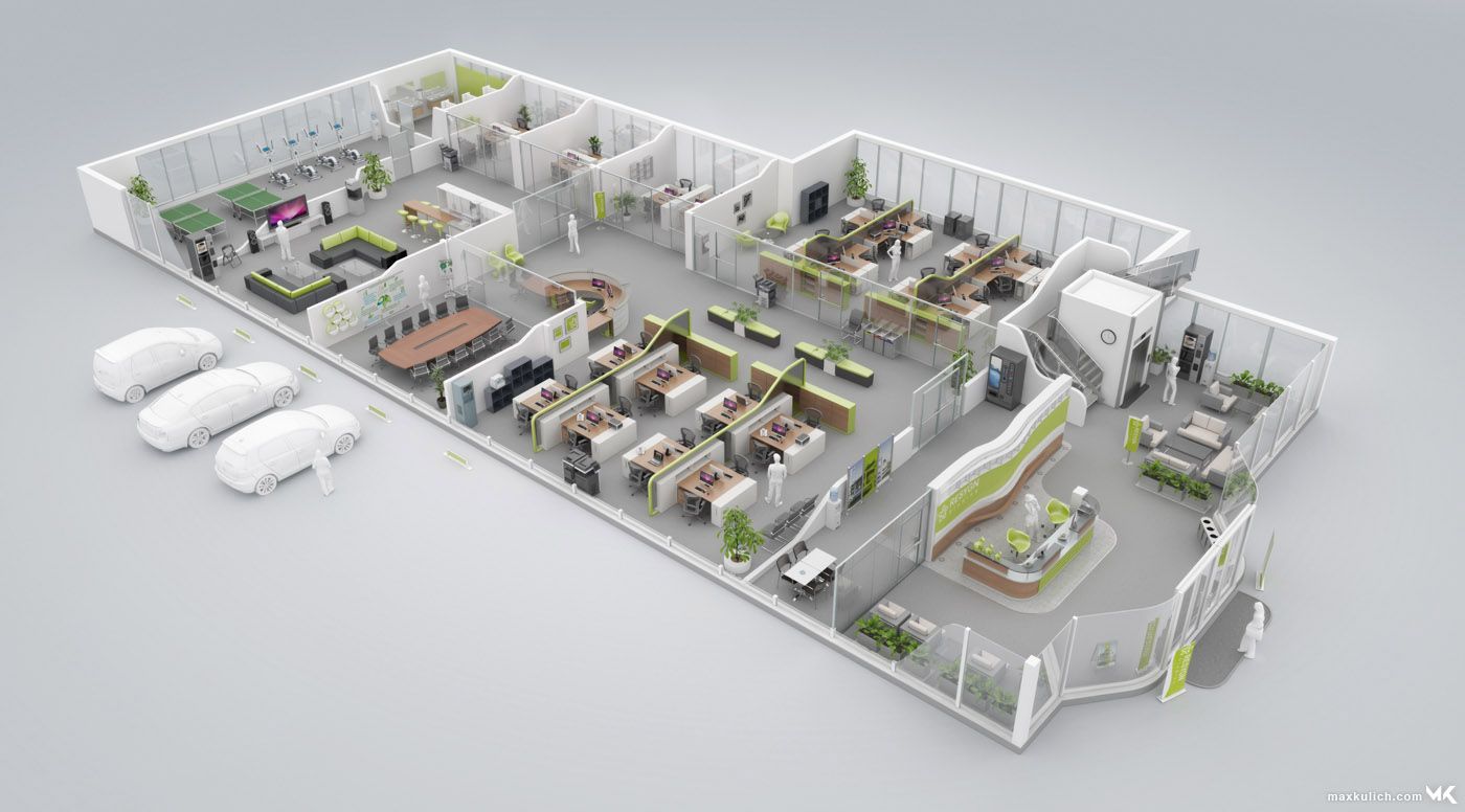 3D Floor Plan of a modern Green Office Floor Kantor
