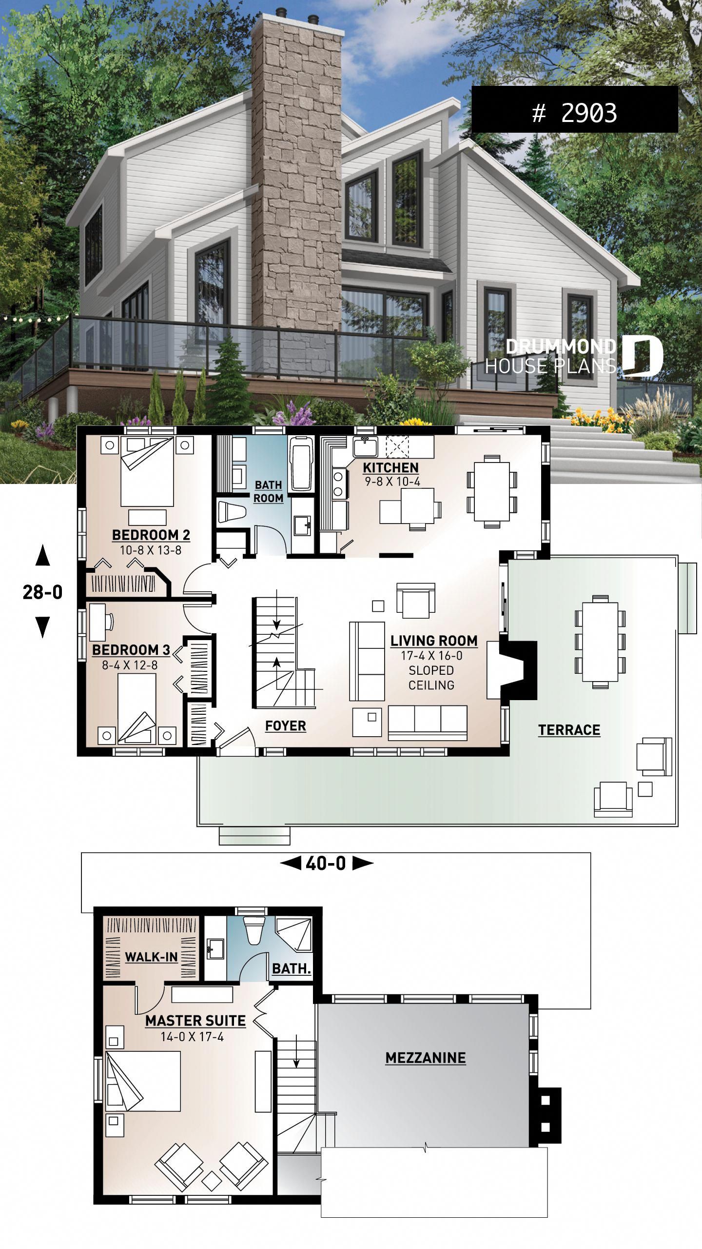 Modern panoramic chalet house plan with private second