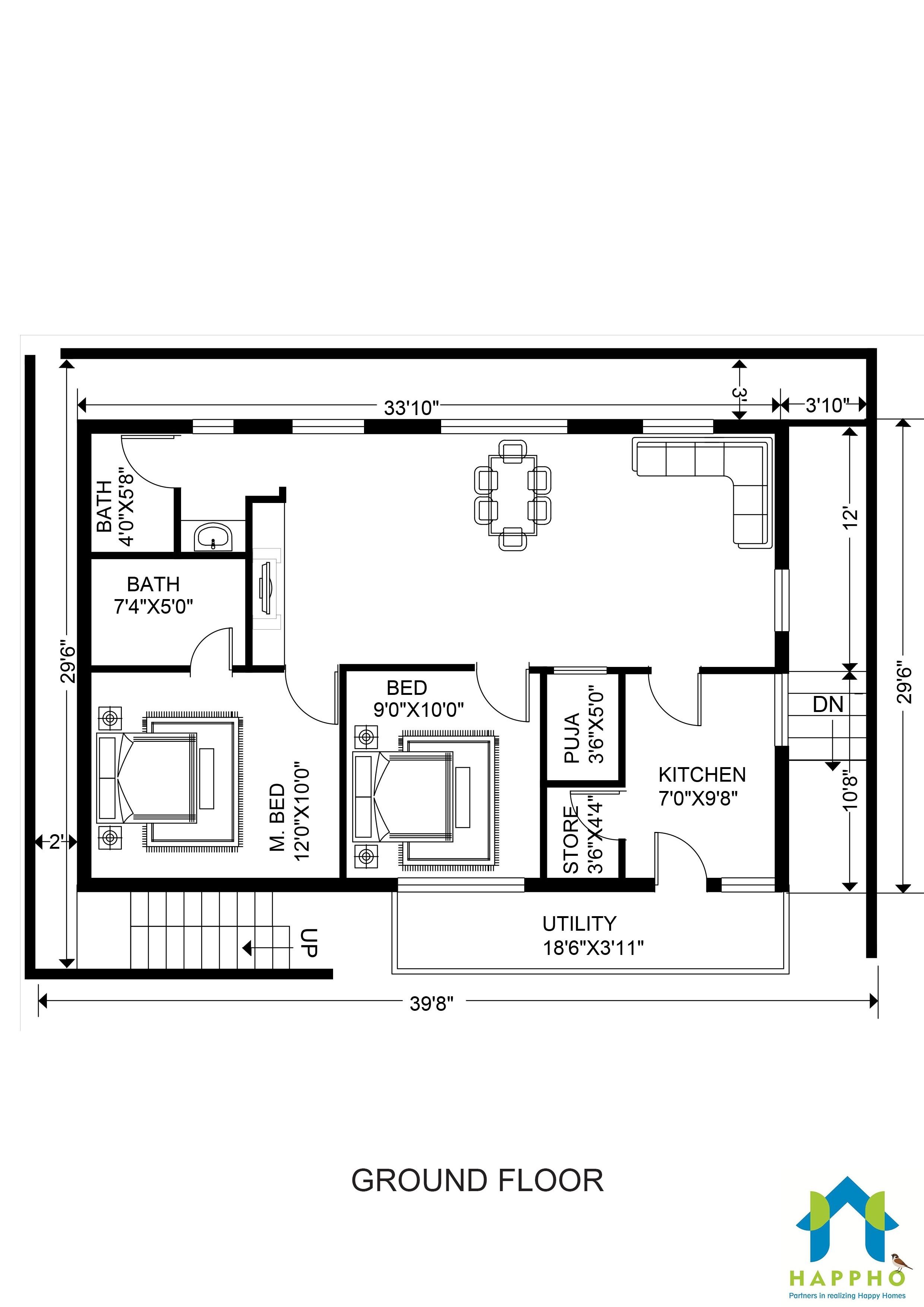Floor Plan for 30 X 40 Feet Plot 2BHK (1200 Square Feet