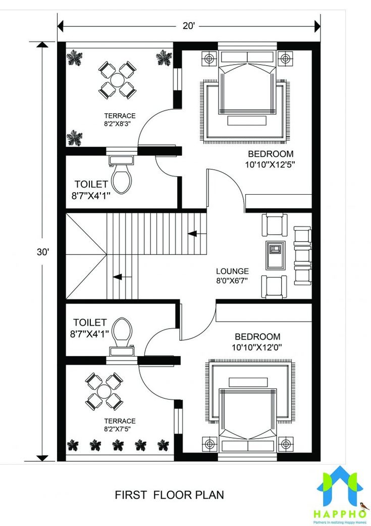 Floor Plan for 20 X 30 Feet plot 3BHK (600 Square Feet