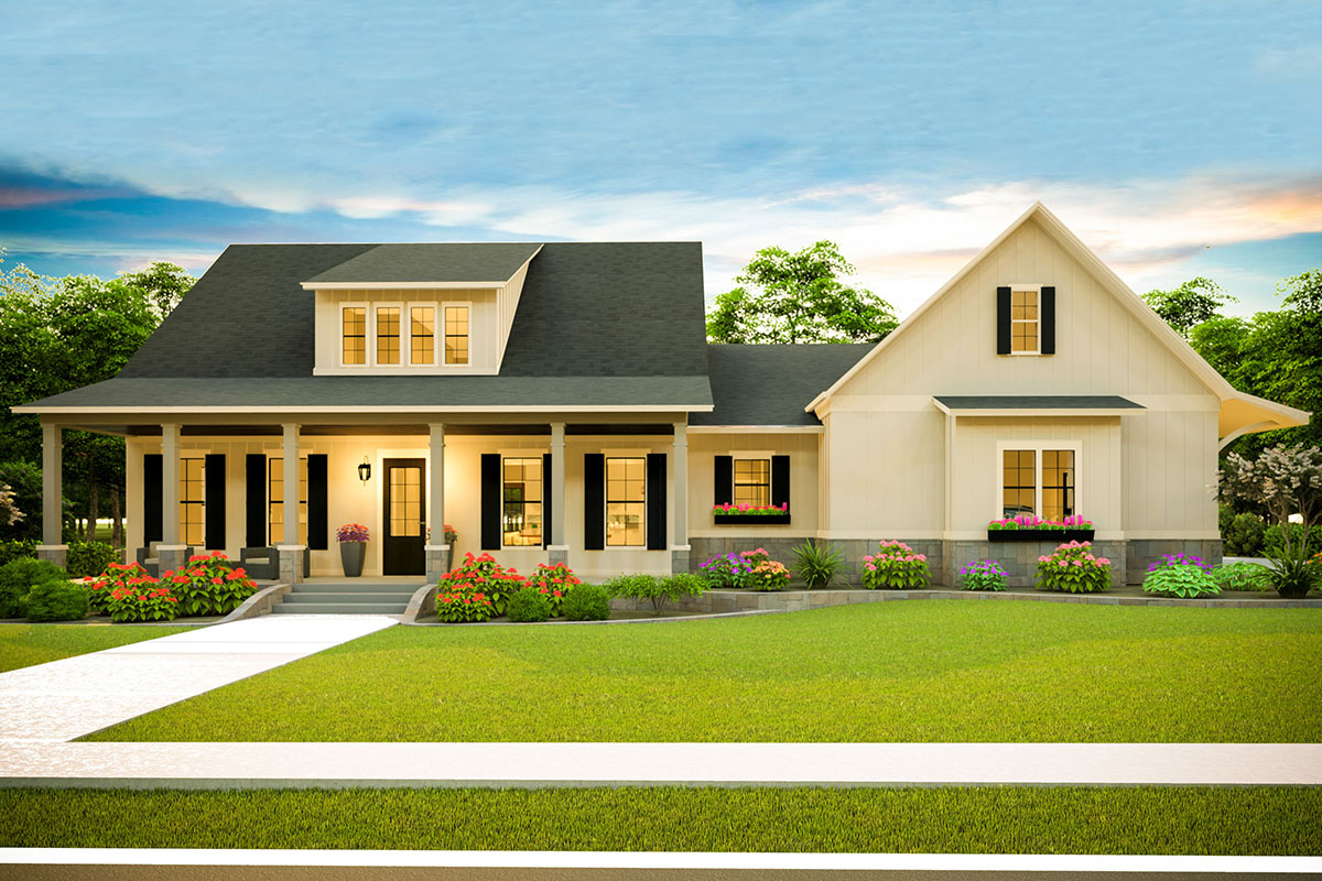 3Bed Modern Country Home Plan with Split Beds 62149V