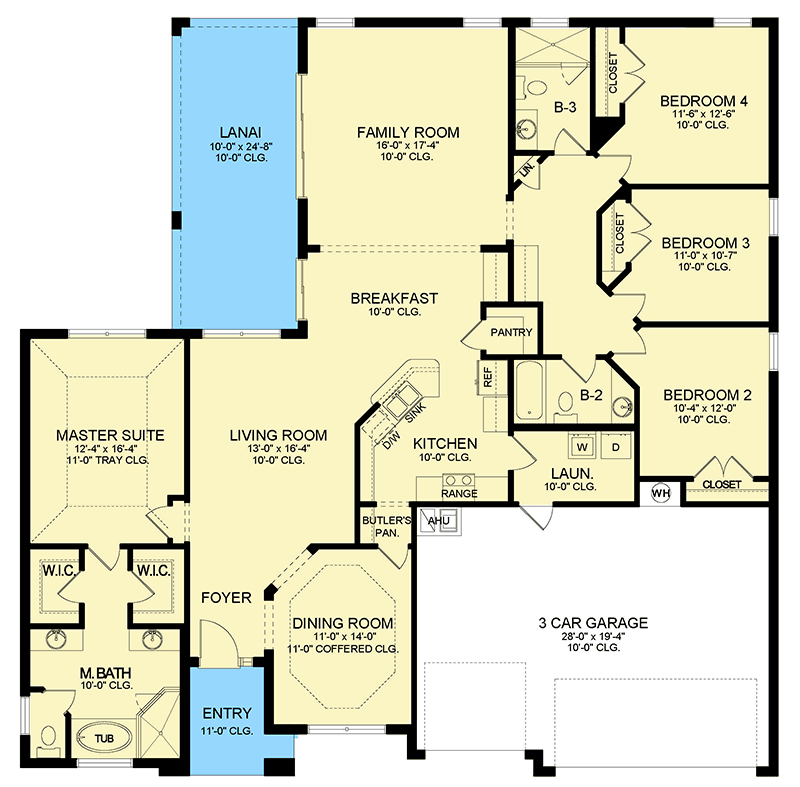 OneStory Ranch Home Plan with Split Bedroom Layout
