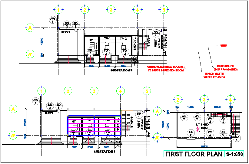 Electric generator room view with floor and roof plan dwg